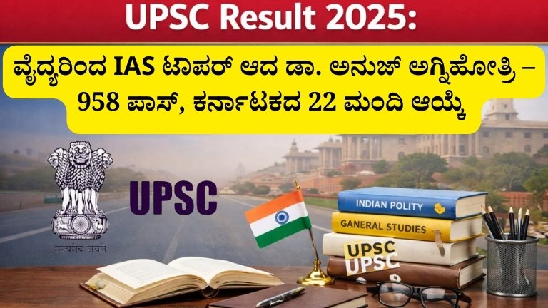 UPSC Result 2025: ವೈದ್ಯರಿಂದ IAS ಟಾಪರ್ ಆದ ಡಾ. ಅನುಜ್ ಅಗ್ನಿಹೋತ್ರಿ –958 ಪಾಸ್, ಕರ್ನಾಟಕದ 22 ಮಂದಿ ಆಯ್ಕೆ